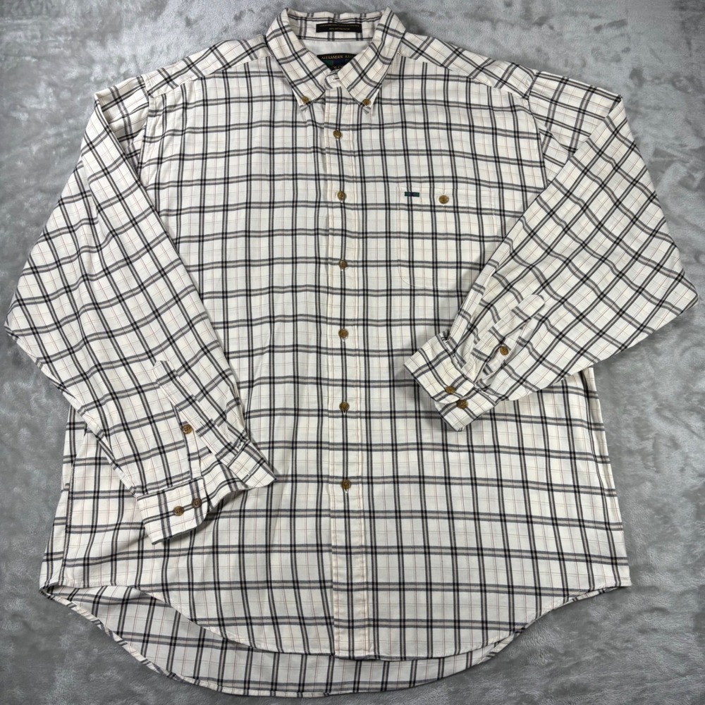 Alexander Julian Colours Mens XL Plaid Button  Shirt Cream Navy Cotton Long Slv